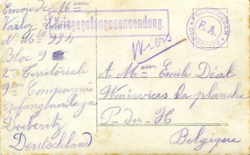 Correspondance militaire 1914 mr varlez prisonnier a doberitz envoye a wiers 1